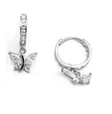 .925 Sterling Silver Butterfly Dangling Huggy Huggie White CZ Earrings 2.5x11mm
