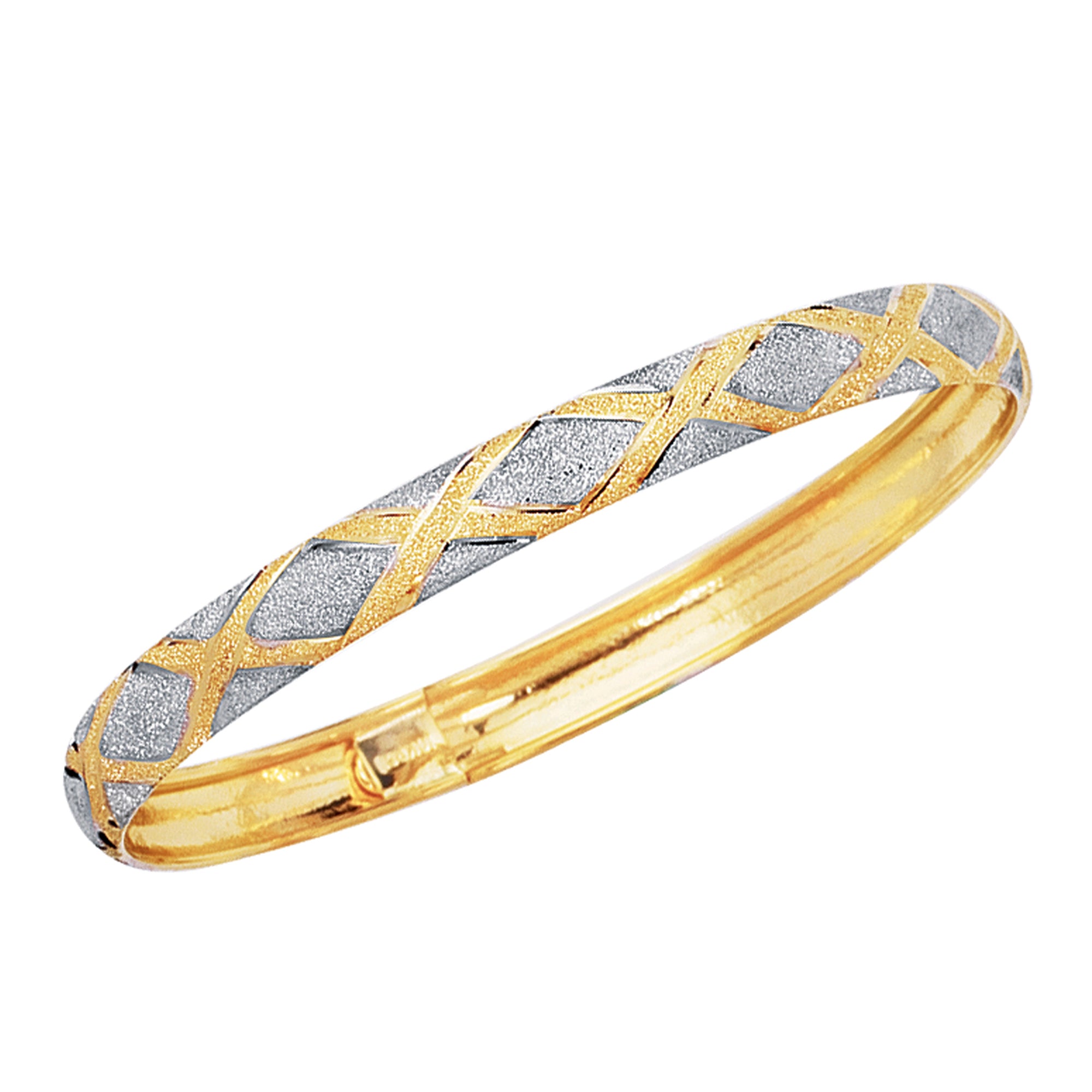 <style type="text/css"><!--td {border: 1px solid #cccccc;}br {mso-data-placement:same-cell;}--></style>
<p><span data-sheets-root="1">discover timeless sophistication with our elegant 10k gold bangle bracelet. this exquisite piece is crafted from solid yellow and white gold, combining a luxurious shimmer with durability. the laser cut design adds a modern touch, enhancing its shine and giving it a unique, intricate pattern.<br><br>with a sleek 6mm width and a 7-inch adjustable size, this bangle ensures a pe