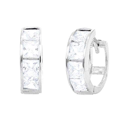 Ritastephens .925 Sterling Silver CZ Princess Cut Huggie Earrings – Sparkling 4x12.5mm Design, Modern Chic Hoop Earrings, and Fashionable Silver Jewelry for a Stylish Look