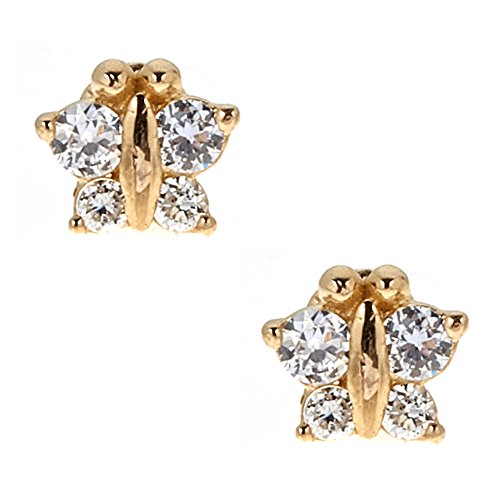 14k Yellow Gold Cubic Zirconia CZ Mini Butterfly Small Stud Screw Back Earrings