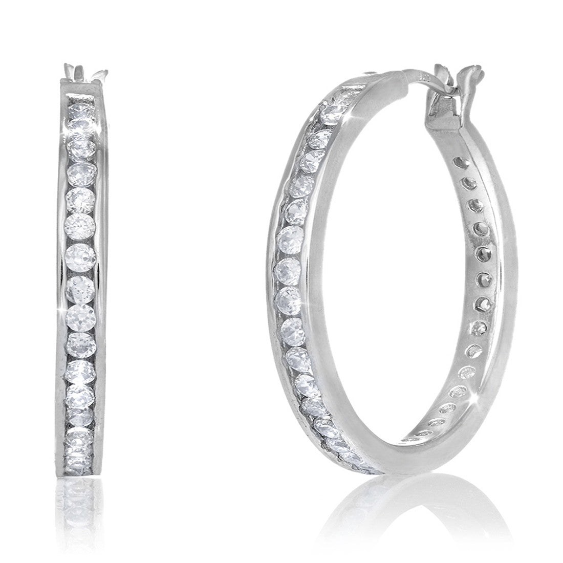 Sterling silver 925 hoop earrings with clear cubic zirconia stones in the front part of the earring. This beautiful hoop earrings are great for everyday wear or for a very special occasion. This hoop earrings measure 50mm by 3mm. This size hoop earrings are a must-have in your earrings collections 
