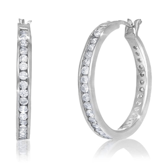 Sterling silver 925 hoop earrings with clear cubic zirconia stones in the front part of the earring. This beautiful hoop earrings are great for everyday wear or for a very special occasion. This hoop earrings measure 50mm by 3mm. This size hoop earrings are a must-have in your earrings collections 