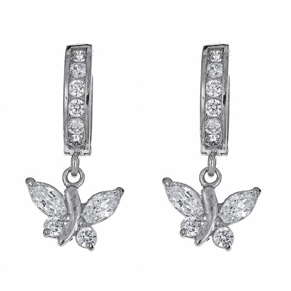 .925 Sterling Silver Butterfly Dangling Huggy Huggie White CZ Earrings 2.5x11mm