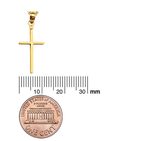 14K Yellow Gold Cross Long Thin Charm Pendant For Adult, Teens, Unisex