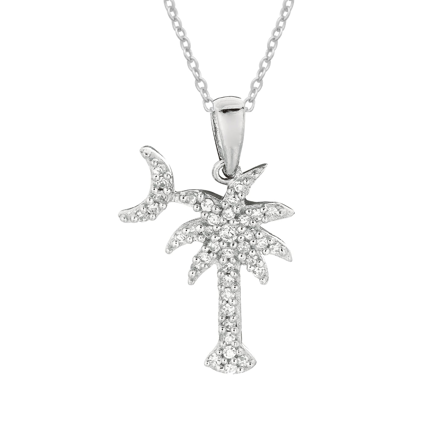 Ritastephens Sterling Silver Shiny Cubic Zirconia Palmetto Moon Necklace – 18 and 20 Inch Silver Chains