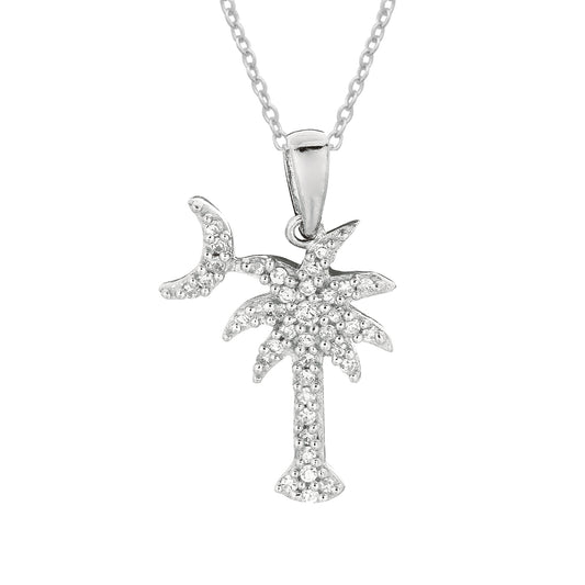Ritastephens Sterling Silver Shiny Cubic Zirconia Palmetto Moon Necklace – 18 and 20 Inch Silver Chains