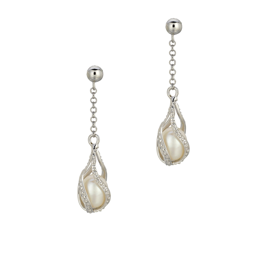 Sterling Silver Fresh Water Cultured Pearl CZ Dangle Earrings