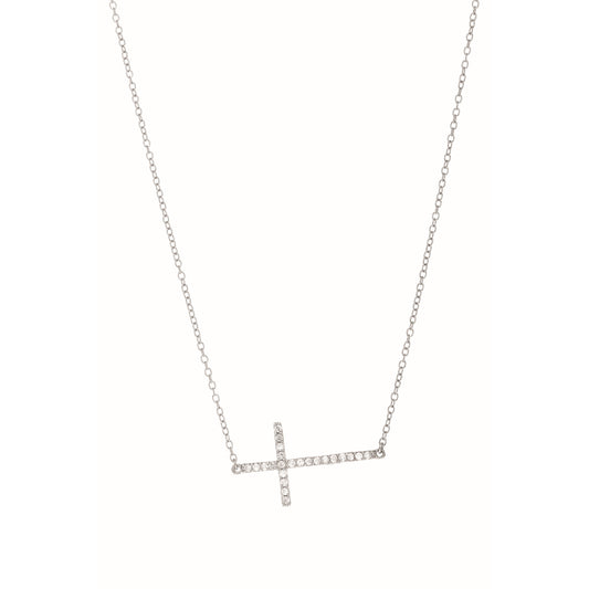 Ritastephens.925 Sterling Silver Sideways Cross Necklace with Sparkling CZ Pendant - 18” Refined Jewelry, Classic Silver Cross with CZ Charm, Perfect for Women