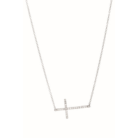 .925 Sterling Silver CZ Sideways Cross Necklace 18"
