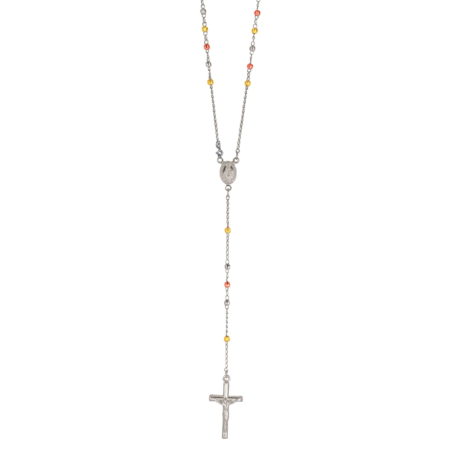 Ritastephens Stunning Italian Tri-Color Sterling Silver Rosary Bead Necklace with Virgin Mary Cross – 24"