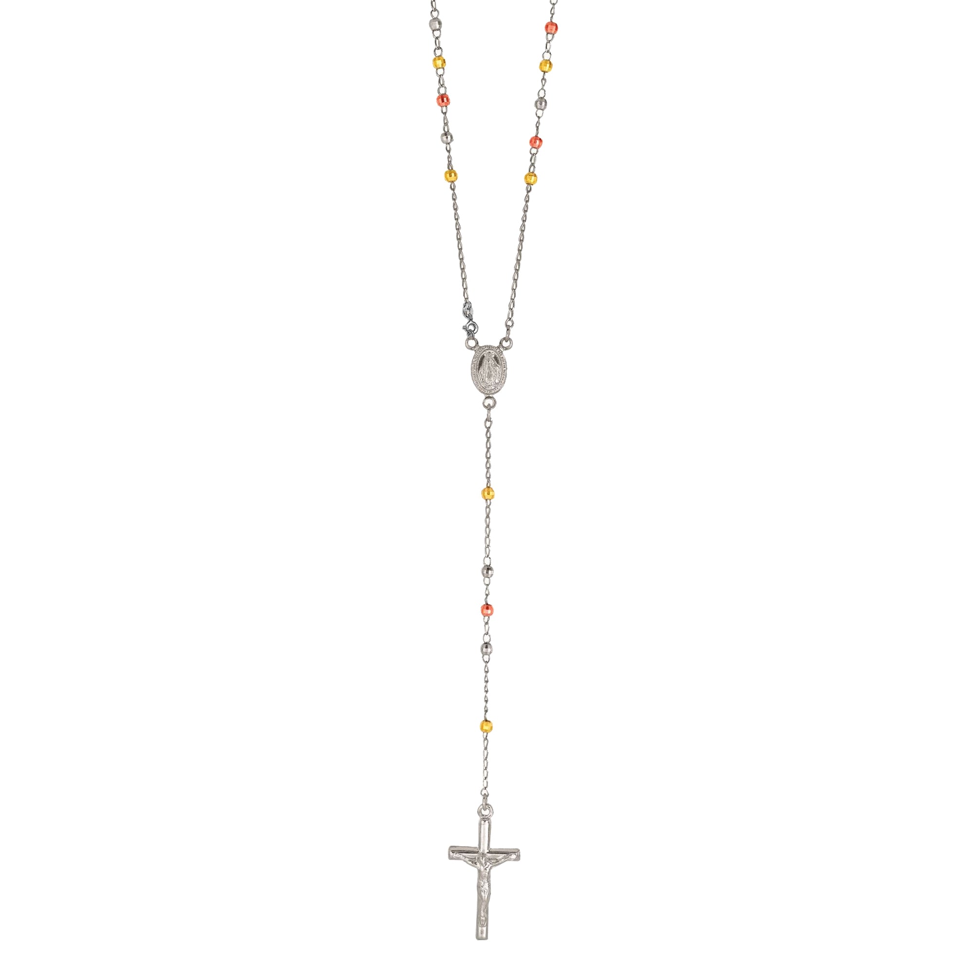 Miraculous Mary medal <style type="text/css"><!--td {border: 1px solid #cccccc;}br {mso-data-placement:same-cell;}--></style>
<p><span data-sheets-root="1">enhance your elegance with the italian sterling silver tri-color rosary bead necklace. crafted from genuine 925 sterling silver, this 24-inch necklace features a stunning blend of yellow, white, and rose pink beads in 3mm and 4mm sizes. the design is completed with a delicate miraculous virgin mary medal and a small dangle crucifix, adding a touch of div