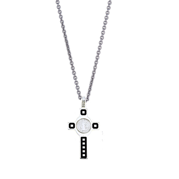 Sterling Silver St Benito Black Enemal Cross Charm Pendant Necklace 18 Inches