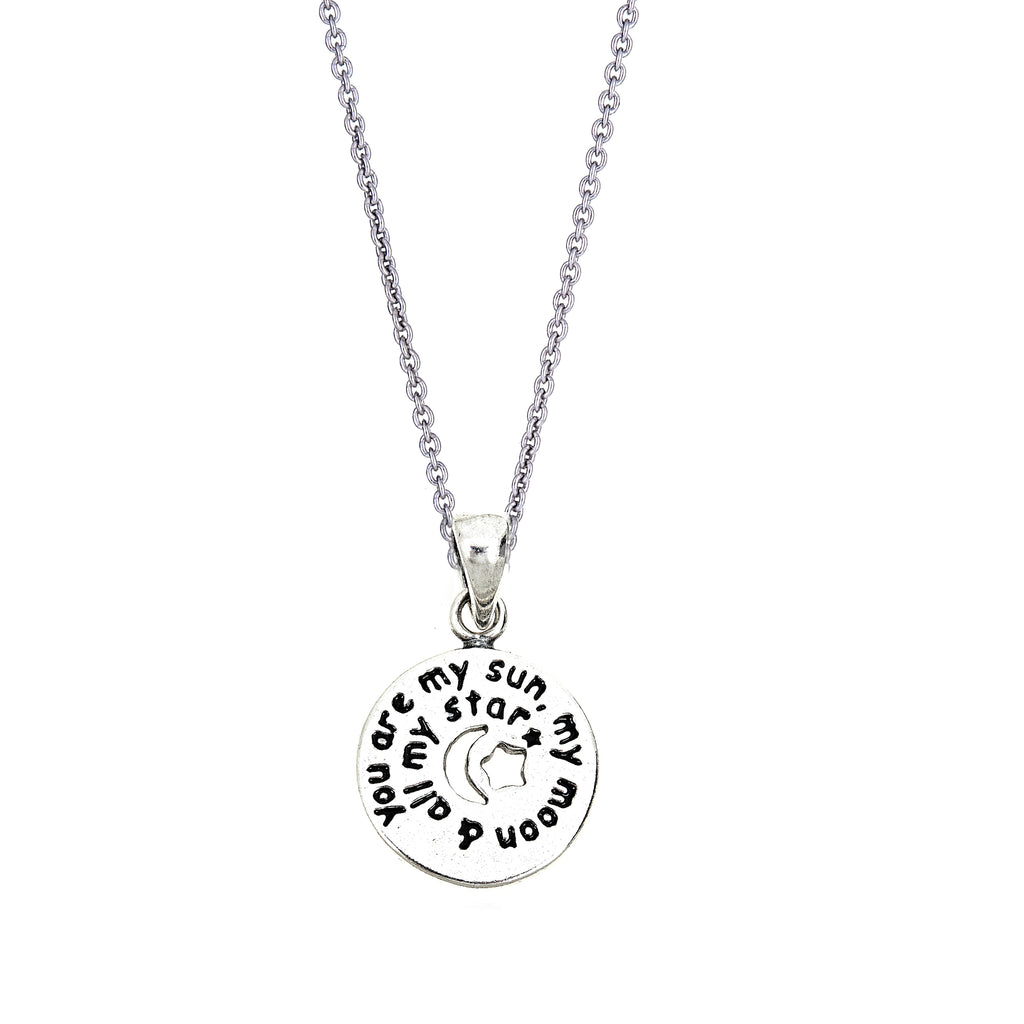 <style type="text/css"><!--td {border: 1px solid #cccccc;}br {mso-data-placement:same-cell;}--></style>
<p><span data-sheets-root="1">celebrate the special person in your life with this beautifully crafted sterling silver charm pendant necklace. featuring a heartfelt message, "you are my sun, my moon &amp; all my stars," this pendant is made from genuine 925 stamped sterling silver. it’s hypoallergenic and nickel-free, making it a safe and elegant choice for anyone with sensitive skin.<br><br>the charm pend