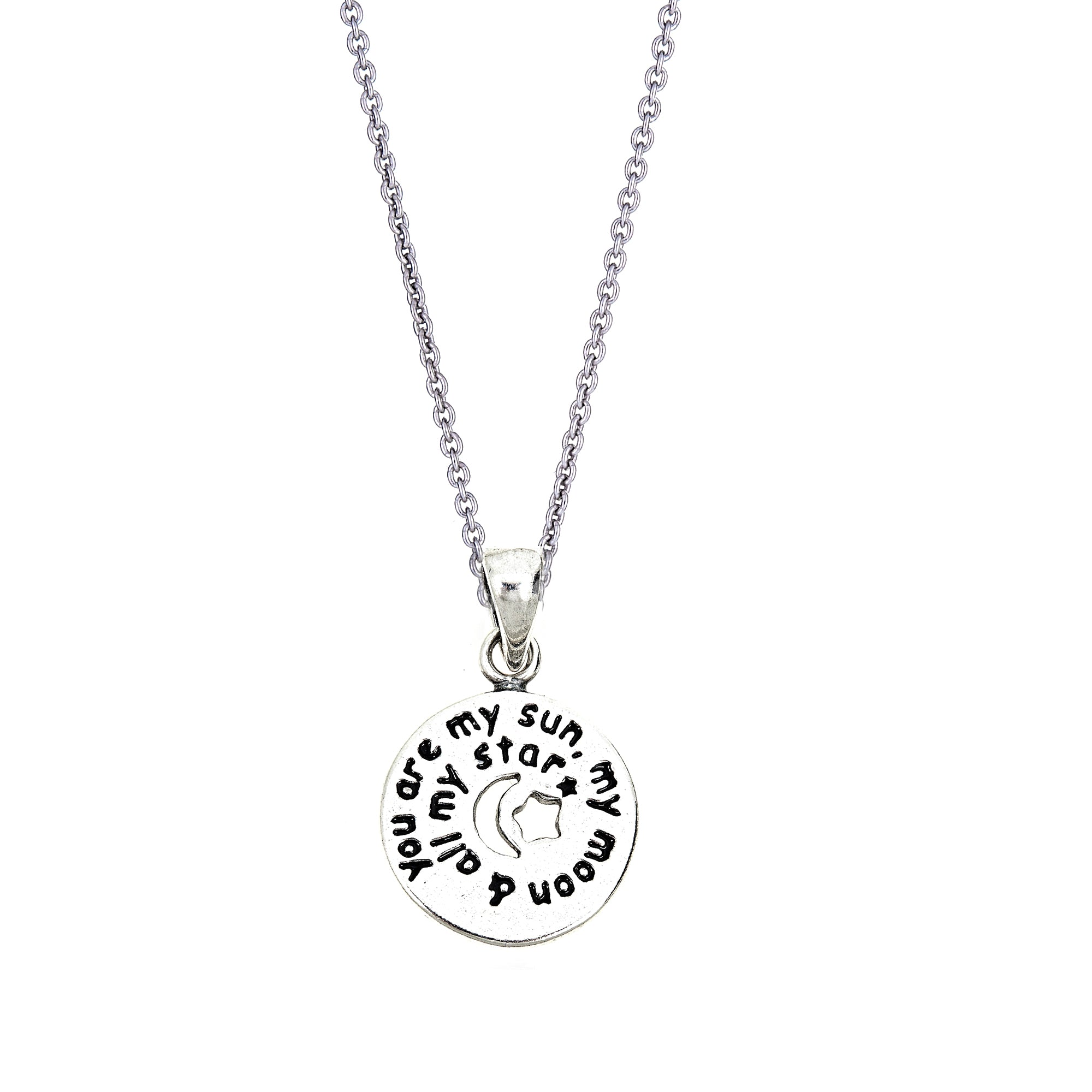 <style type="text/css"><!--td {border: 1px solid #cccccc;}br {mso-data-placement:same-cell;}--></style>
<p><span data-sheets-root="1">celebrate the special person in your life with this beautifully crafted sterling silver charm pendant necklace. featuring a heartfelt message, "you are my sun, my moon &amp; all my stars," this pendant is made from genuine 925 stamped sterling silver. it’s hypoallergenic and nickel-free, making it a safe and elegant choice for anyone with sensitive skin.<br><br>the charm pend
