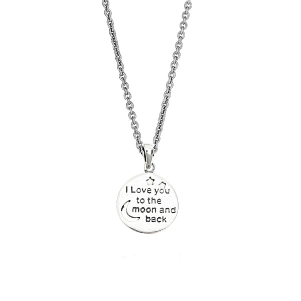 Sterling Silver "I LOVE YOU TO THE MOON AND BACK" Charm Pendant Necklace 15mm 18"