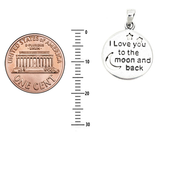 Sterling Silver "I LOVE YOU TO THE MOON AND BACK" Charm Pendant Necklace 15mm 18"