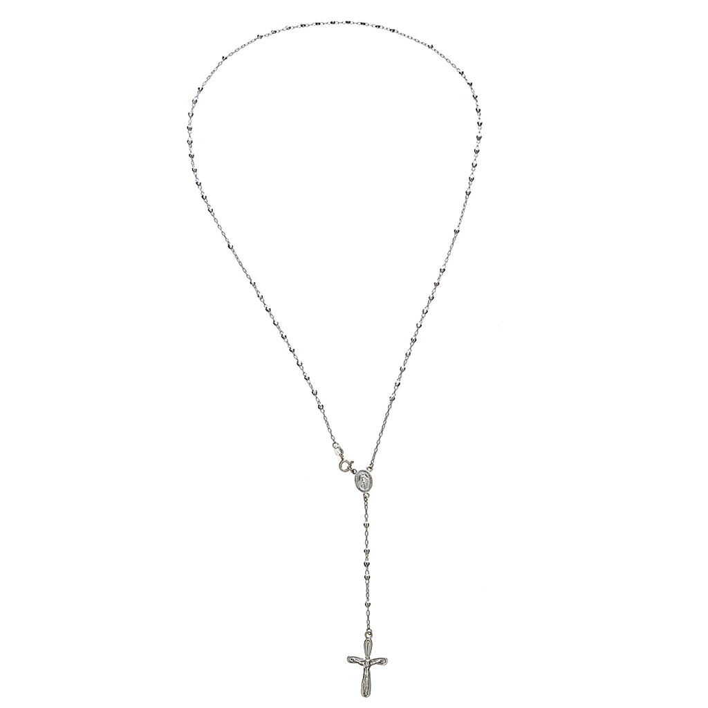 Sterling Silver Rosary 3mm Diamond-cut Bead Virgin Mary Cross Religious Necklace  24"