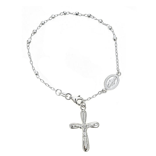 Ritastephens Elegant Sterling Silver Rosary Bracelet, Featuring 3mm Diamond-Cut Beads, Virgin Mary Charm, and Dangle Cross – Religious Design with a 7.25-Inch Length for a Classic and Refined Look