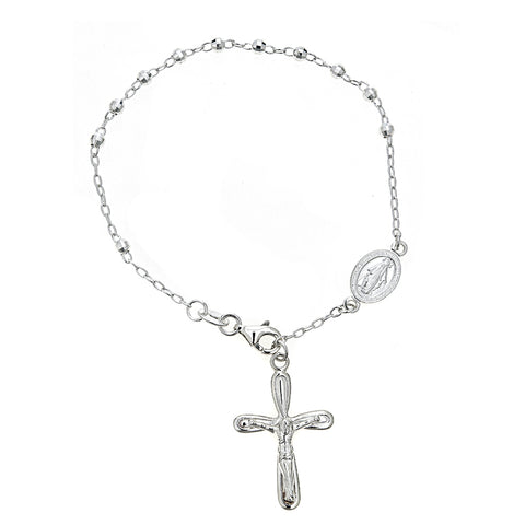 Sterling Silver Rosary 3mm Diamond-cut Bead Virgin Mary Dangle Cross Religious Bracelet 7.25"