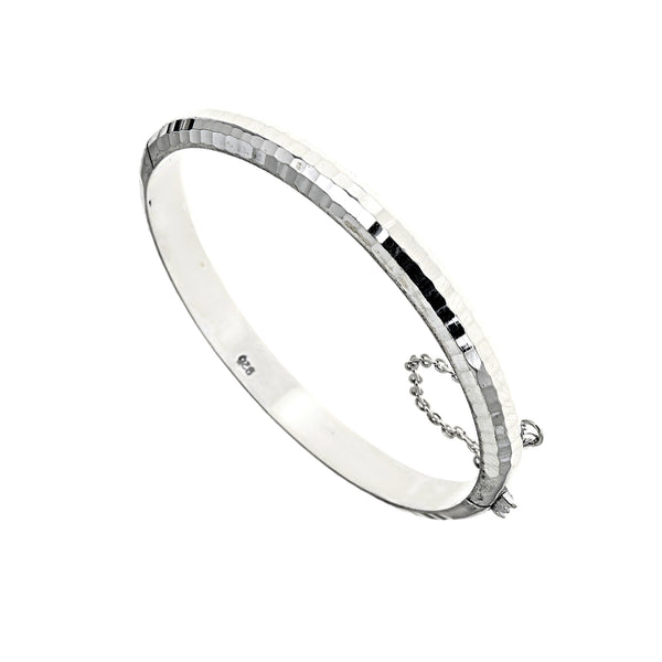 Sterling Silver Small Hammered Textured Petite Bangle Bracelet with Safety Chain 5 Inches