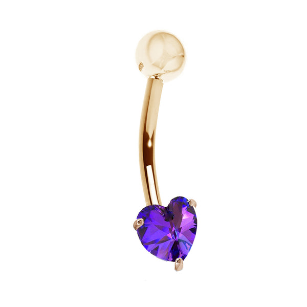 14k Solid Yellow Gold Genuine Amethyst Heart Belly Button Navel Ring Body Art