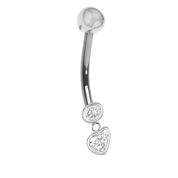 14k Solid White Gold Heart Dangle Belly Button Navel Ring Bars & Barbells