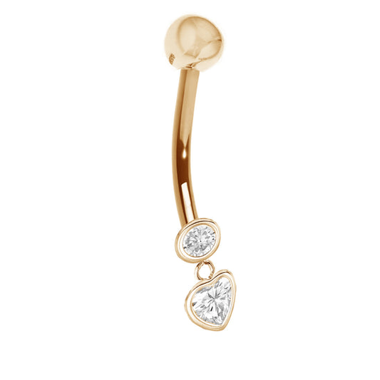 Ritastephens  14k Solid Yellow Gold Dangle Heart Belly Button Navel Ring – Elegant and Stylish 14 Gauge Body Art Jewelry, Classic Gold Navel Piercing with Heart Charm,