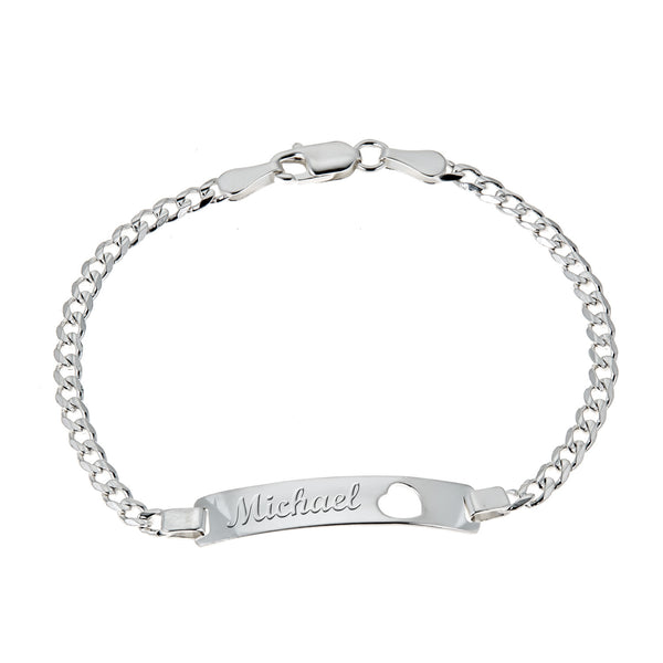 Sterling Silver Curb Chain Heart Shape Baby ID Engravable Bracelet