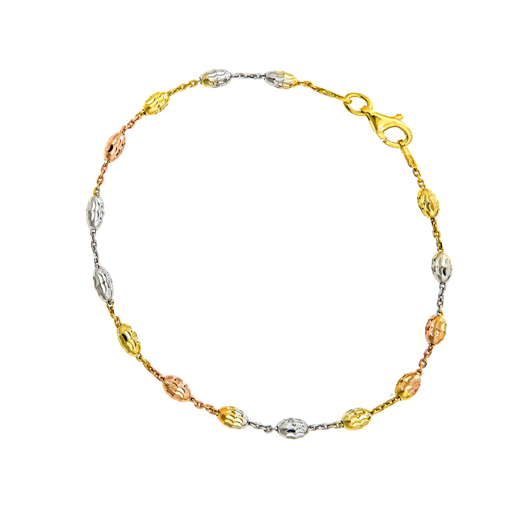 <style type="text/css"><!--td {border: 1px solid #cccccc;}br {mso-data-placement:same-cell;}--></style>
<p><span data-sheets-root="1">this stunning 7-inch italian bracelet features a sophisticated tri-color design with moon-cut oval station beads in sterling silver, gold, and rose gold. the moon-cut finish adds a shimmering effect, enhancing the bracelet’s elegance and making it a standout accessory for any outfit.<br><br>meticulously crafted in italy, this bracelet showcases exceptional artistry and qualit
