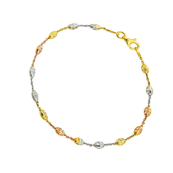 Sterling Silver Tri-Color Moon-Cut Oval Station Cable Link Italian Bracelet 7"