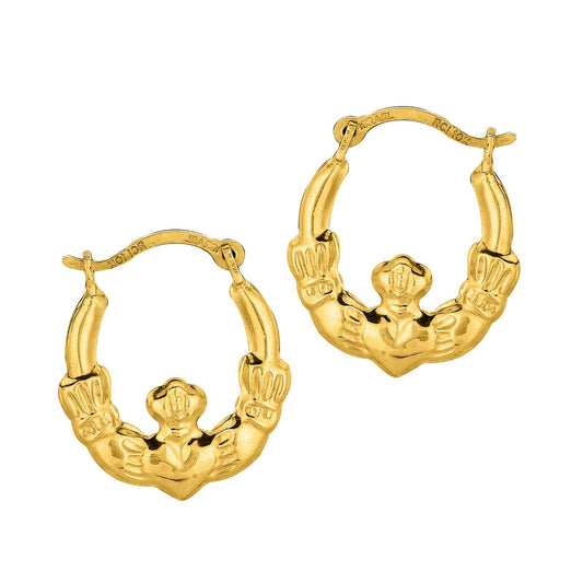 10k real yellow gold Claddagh hoop earrings 15mm in diameter 
