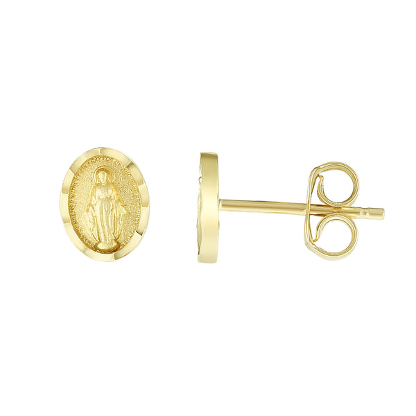 14k Yellow Gold Mini Miraculous Virgin Mary Small Oval Stud Post Earrings (8x6mm)