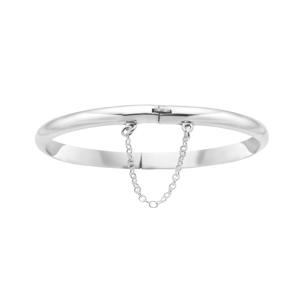Sterling Silver Shiny Polished Finish Bangle Bracelet with Safety Chain (Front and Back Engraving)