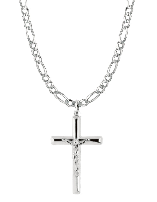Ritastephens Sterling Silver Italian Figaro Chain Crucifix Cross Pendant - Available in 20" & 24" Lengths