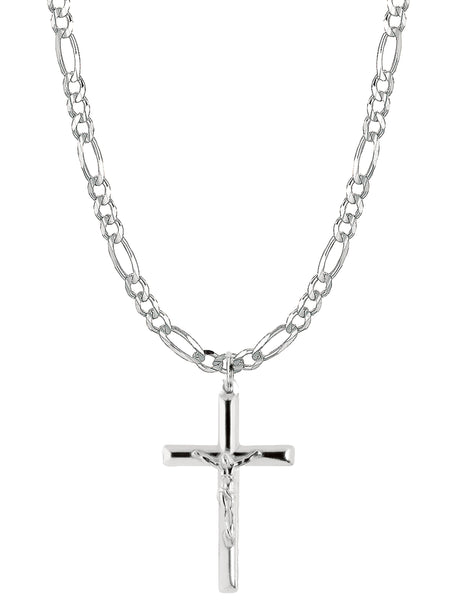 Ritastephens Sterling Silver Crucifix Cross Pendant Italian Figaro Chain 20", 24"