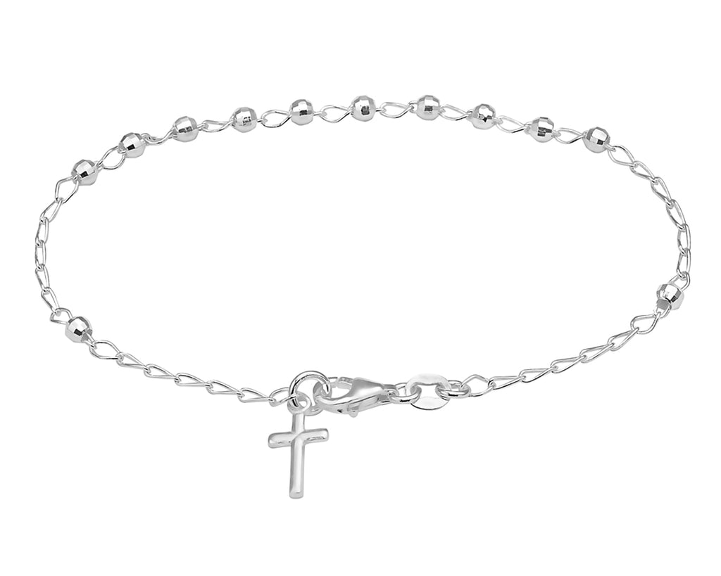Sterling Silver Bracelet Rosary  Diamond-Cut Bead Dangle Tiny Cross