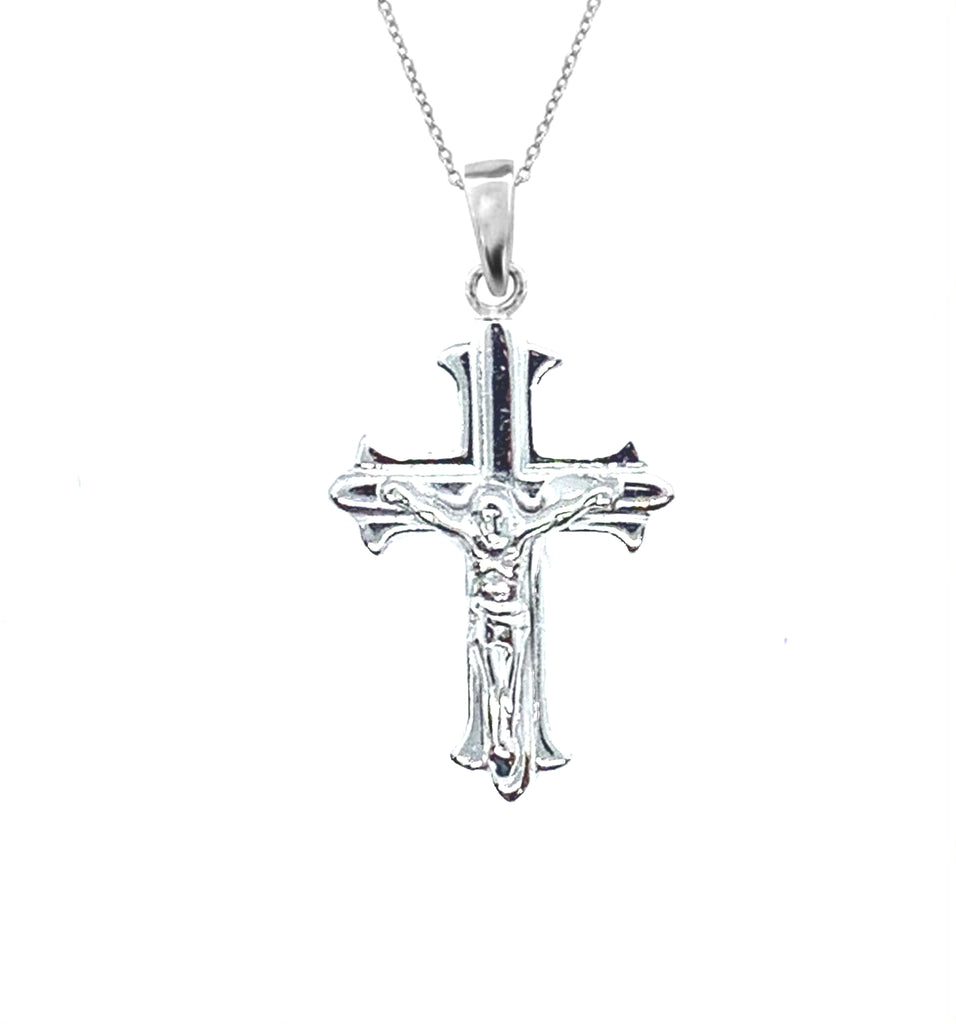 Sterling Silver Small Scalloped Italian Crucifix Cross Charm Pendant Necklace, 16"