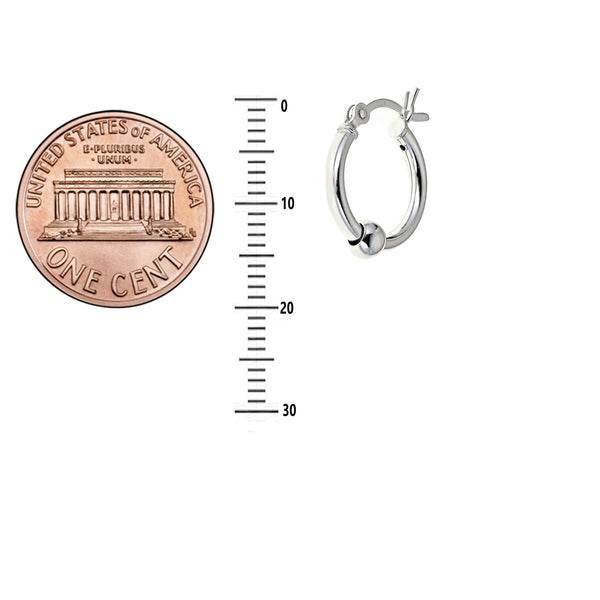 Sterling Silver Small Sliding Ball Tubular Snap Hoop Earrings 15mm