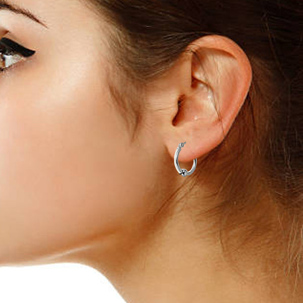 Sterling Silver Small Sliding Ball Tubular Snap Hoop Earrings 15mm