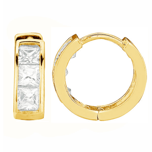 14K Real Yellow Gold CZ Princess Cut Huggie Huggy Baby Hoops Earring 3x9mm