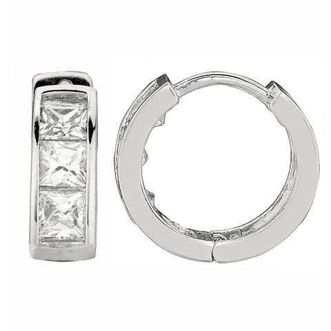 14K Real White Gold CZ Princess Cut Huggie Huggy Baby Hoops Earring 3x9mm