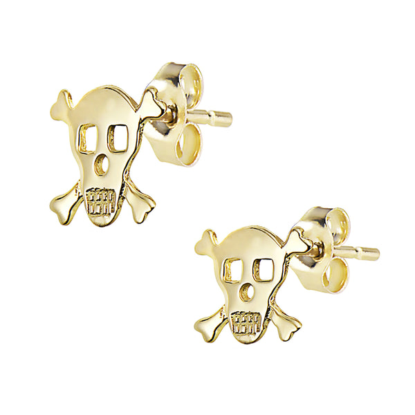 14K Yellow Gold Skull & Crossbones Cross Bones Post Stud Earrings