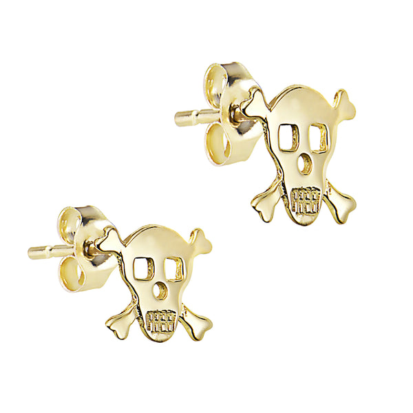 14K Yellow Gold Skull & Crossbones Cross Bones Post Stud Earrings