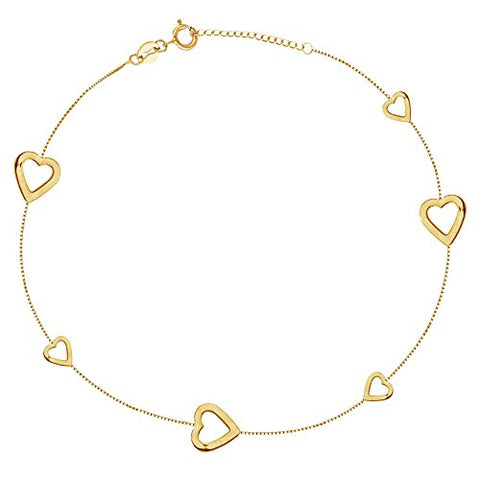 14k Gold Mini Sideways Open Hearts Adjustable Foot Chain Anklet Ankle Bracelet 10 Inches