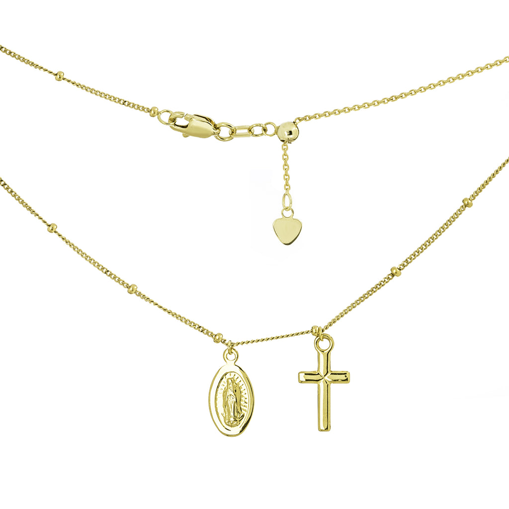 14k Yellow Gold Mini Dangle Cross with Miraculous Mary Medal Adjustable Choker Necklace