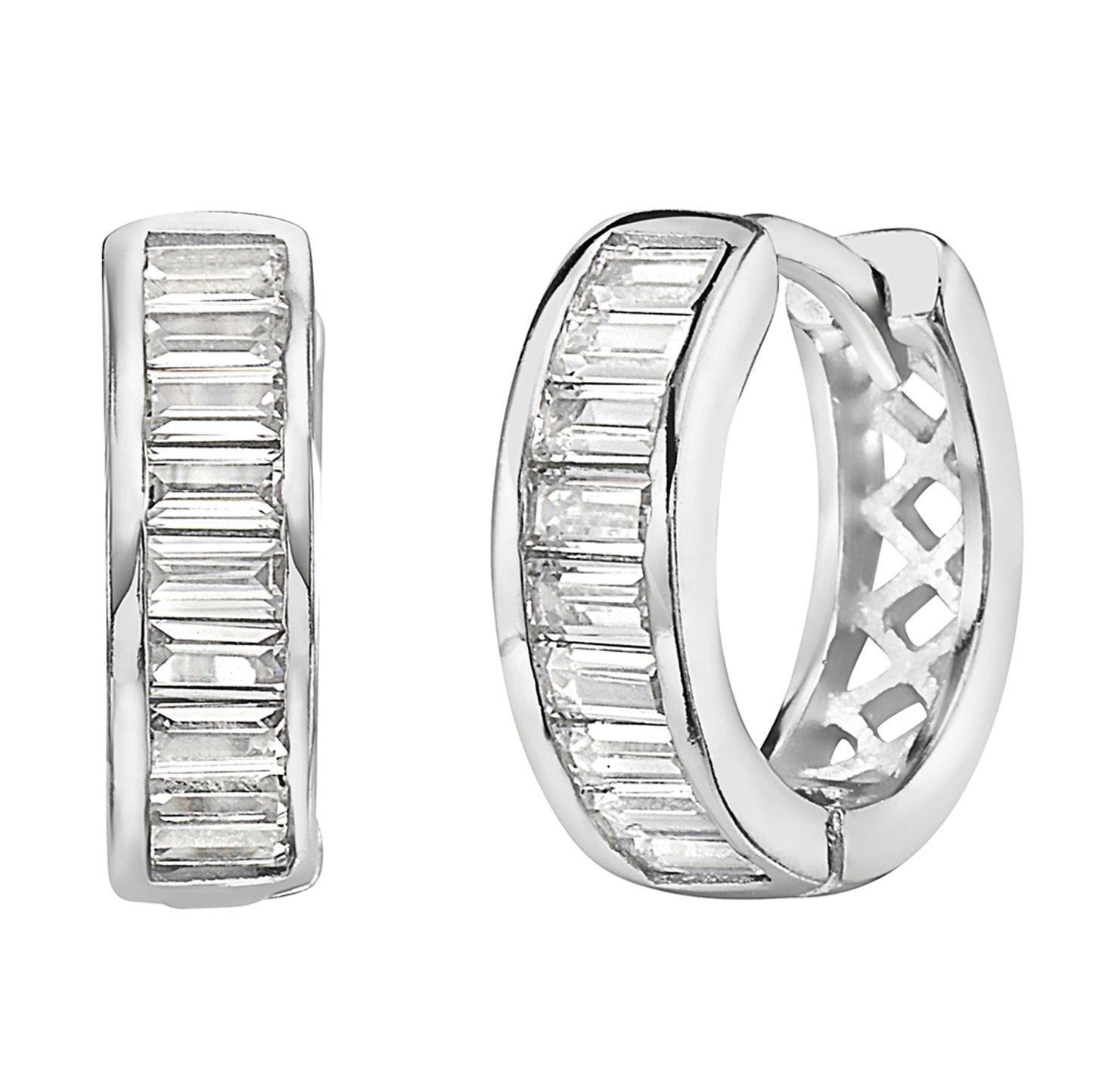 Ritastephens   Sterling Silver Baguette CZ Cubic Zirconia Reversible Huggee Hoop Earrings – Elegant & Versatile Silver Huggies with Polished Baguette Cut CZ