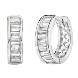Ritastephens   Sterling Silver Baguette CZ Cubic Zirconia Reversible Huggee Hoop Earrings – Elegant & Versatile Silver Huggies with Polished Baguette Cut CZ