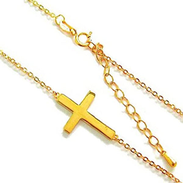 .925 Sterling Silver Sideways Cross Necklace Gold Overlay Adjustable Chain 18"