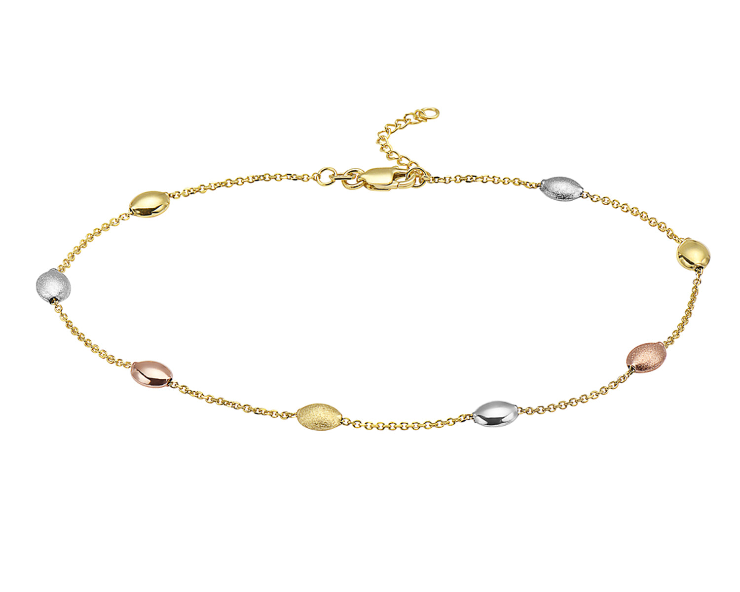 Ritastephens Exquisite 14K Yellow, White, and Rose Gold Oval Beaded Cable Link Ankle Bracelet – Adjustable Anklet Foot Chain for a Multicolored Elegant Look and Perfect Custom Fit