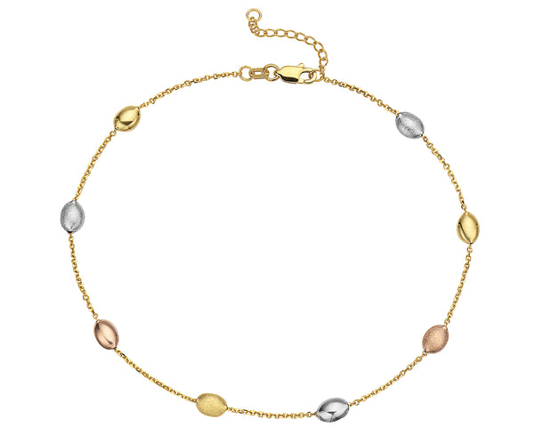 14K Yellow, White and Rose Gold Oval Beaded Cable Link Ankle Bracelet Adjustable Anklet Foot Chain